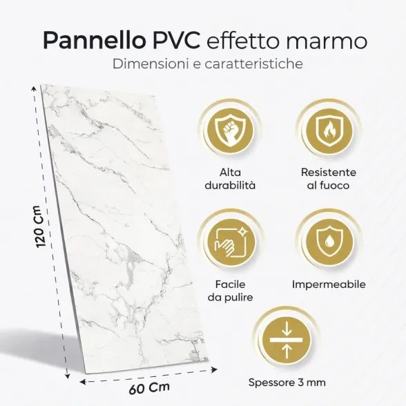 Pannello decorativo effetto marmo set 6 pz 4,3 mt2 PVC in UV 120 x 60 Marmo Bianco