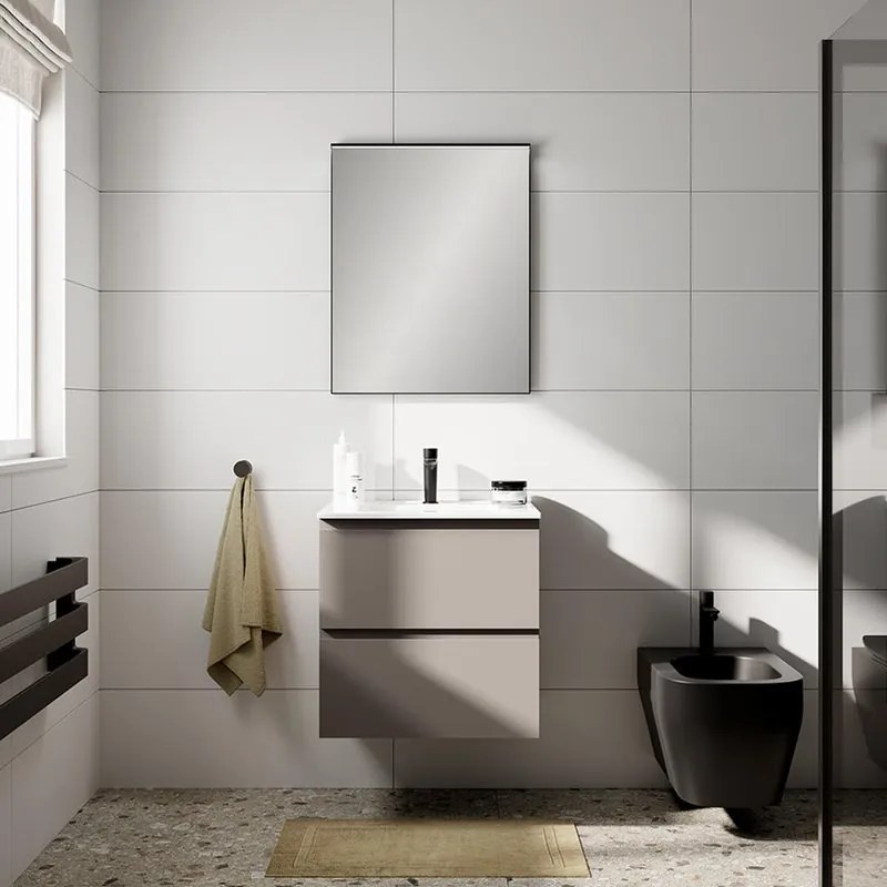 Mobile da bagno sospeso Step taupe con lavabo in ceramica e 2 cassetti L61 H 60 P46 cm