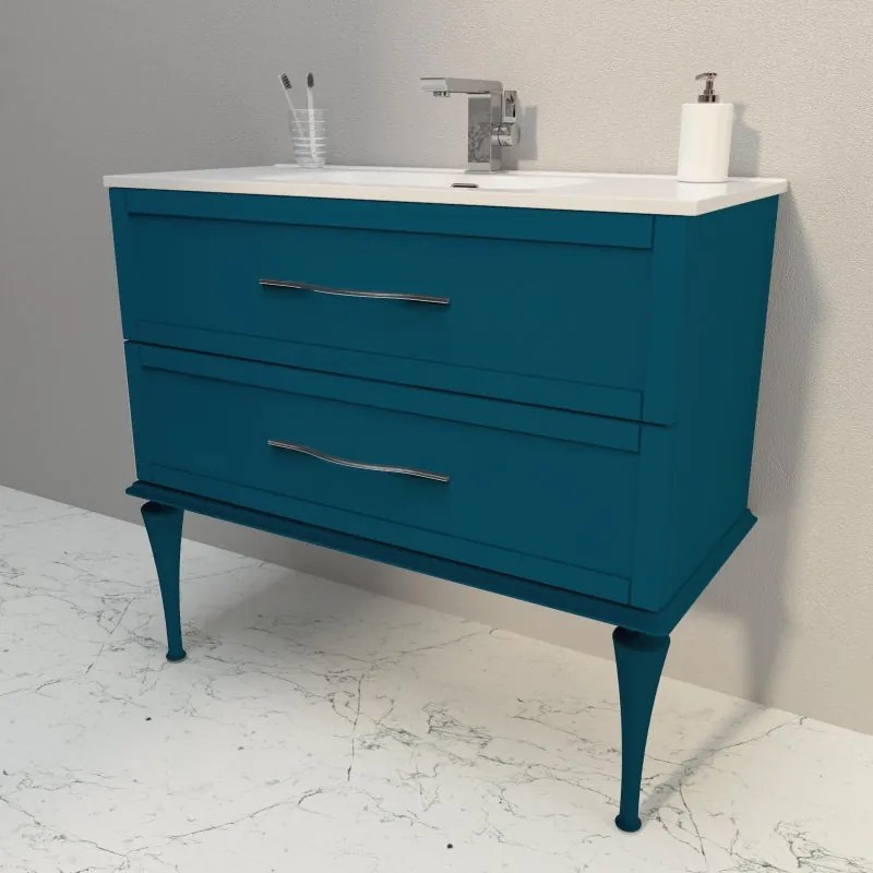 Mobile bagno sospeso con lavabo L 100 x P 46 cm blu petrolio 2 cassetti per vasca centrale Tiffany