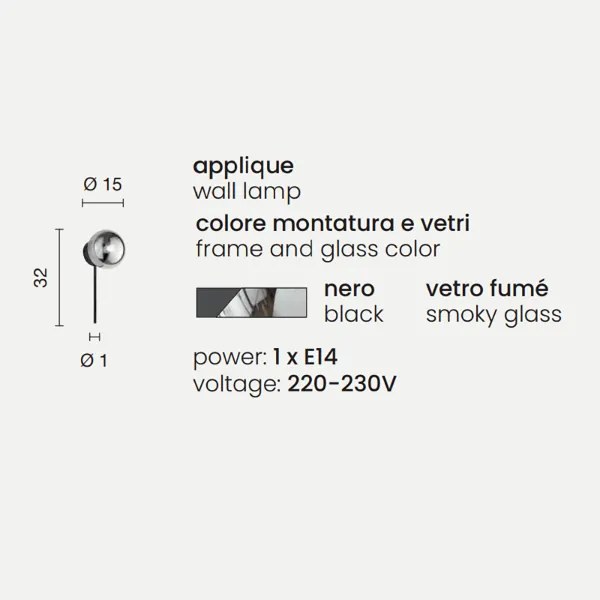 Applique D15 cm JEWEL in metallo Nero e diffusore in vetro soffiato Fumč