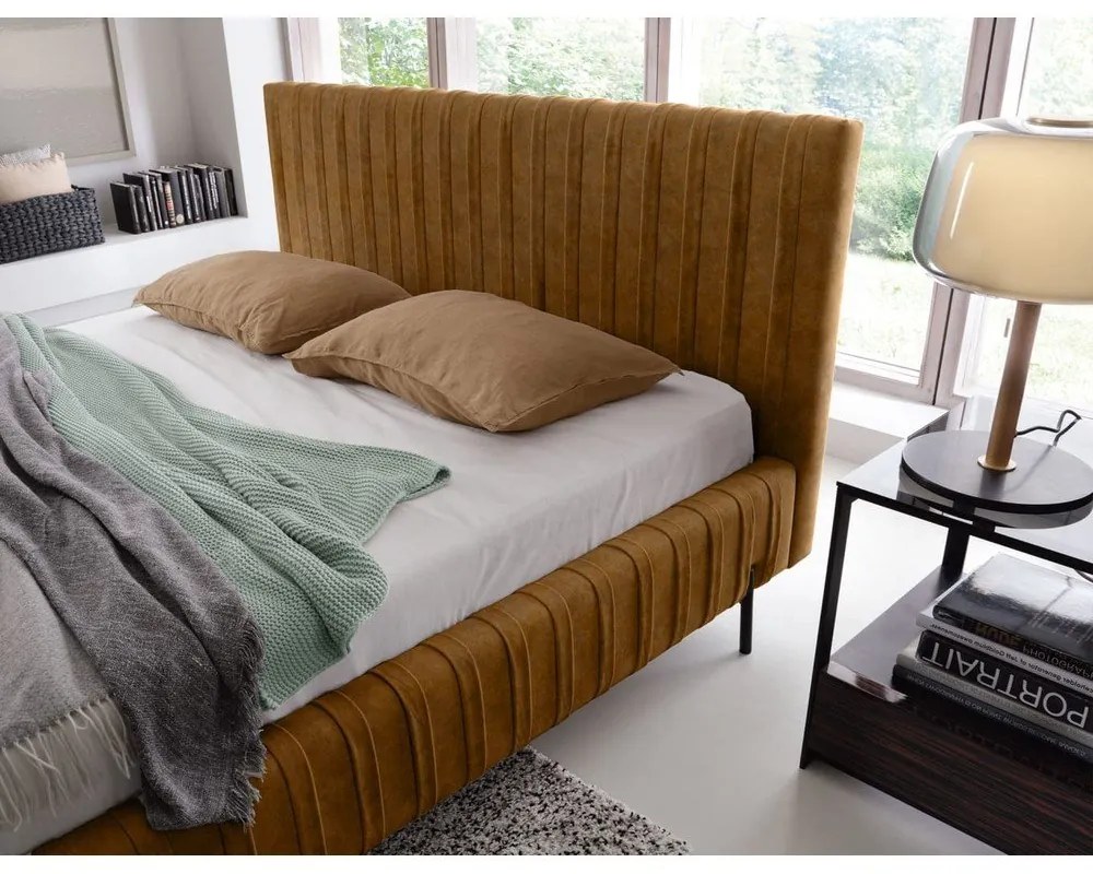 Letto matrimoniale imbottito giallo ocra con contenitore e rete inclusi 160x200 cm Plissa – ELTAP