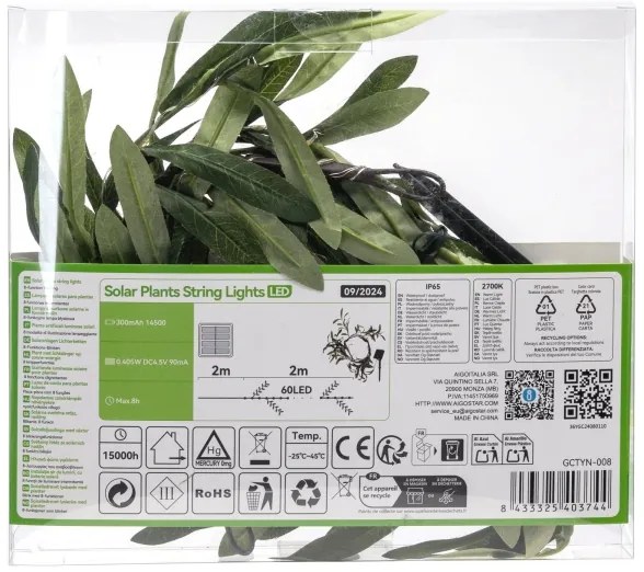 Aigostar - Catena solare LED 60xLED/4m IP65 bianco caldo olive