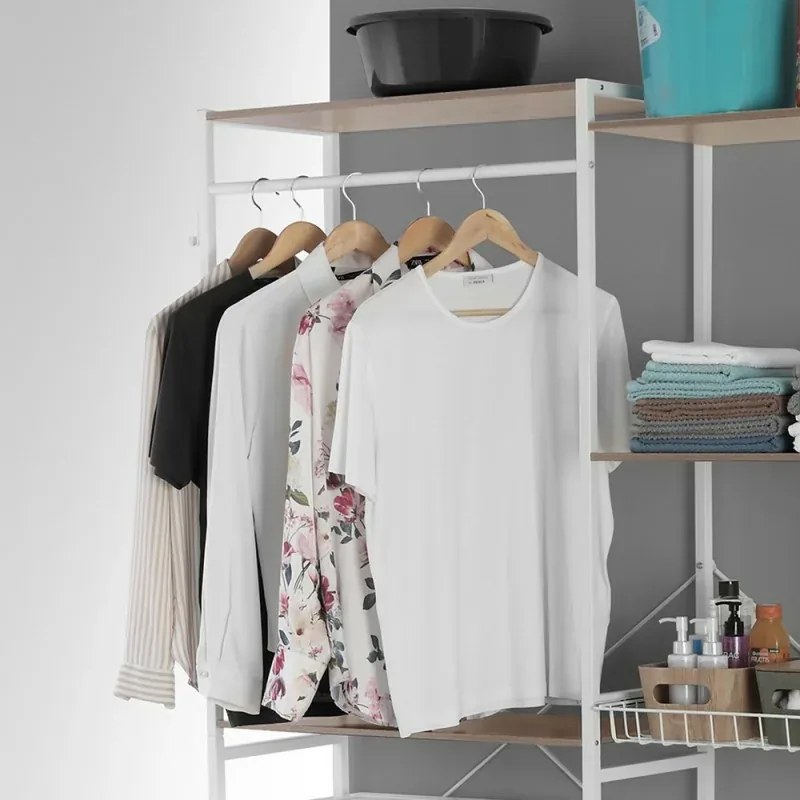 Scaffale sopra lavatrice bianco con ripiani, cestello e barra appendiabiti