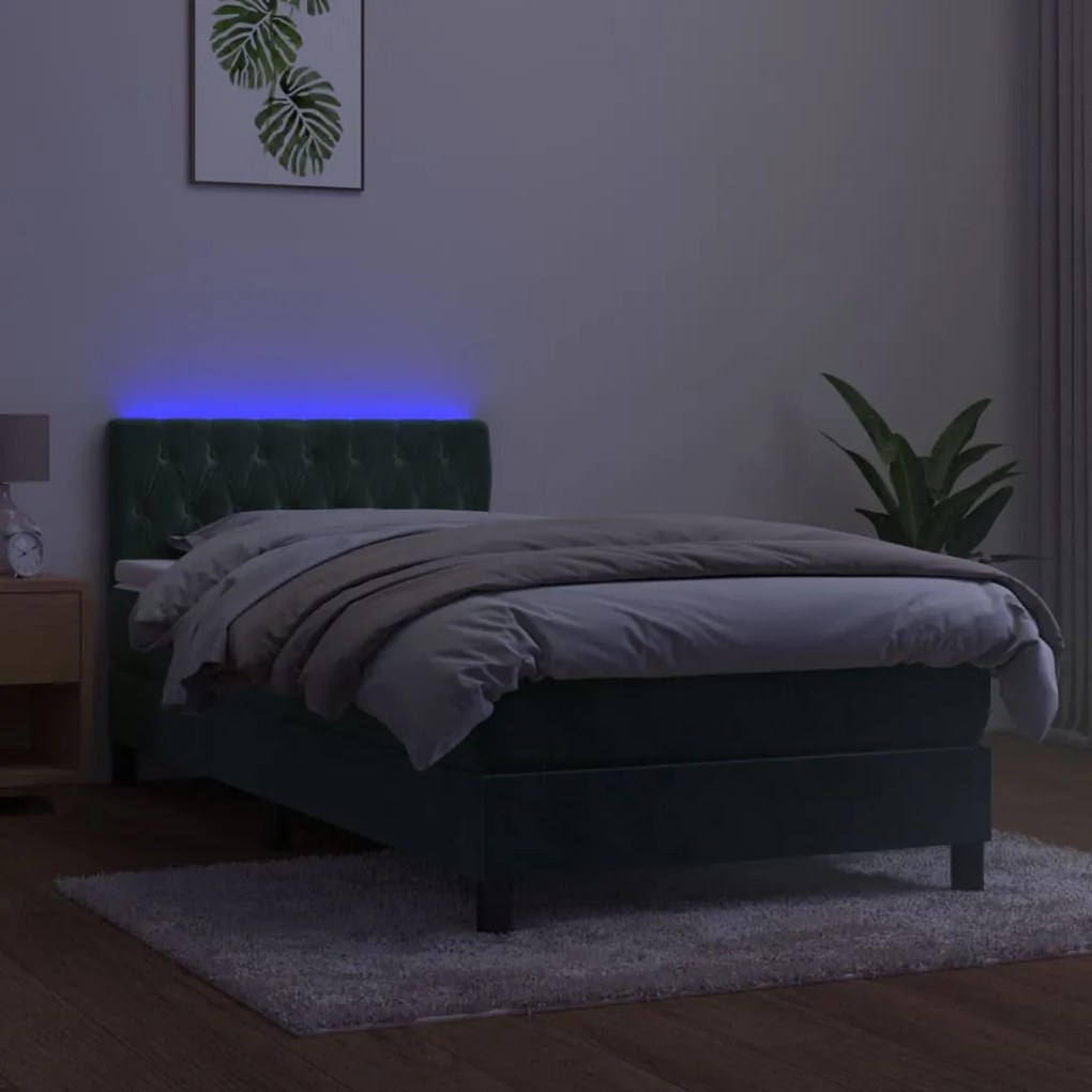 Letto a molle con materasso e led verde scuro 100x200cm velluto