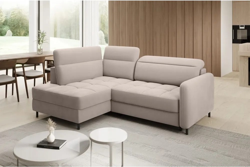 Divano angolare marrone chiaro allungabile/con contenitore (con penisola a sinistra/a L) e rivestimento in velluto Barea – ELTAP