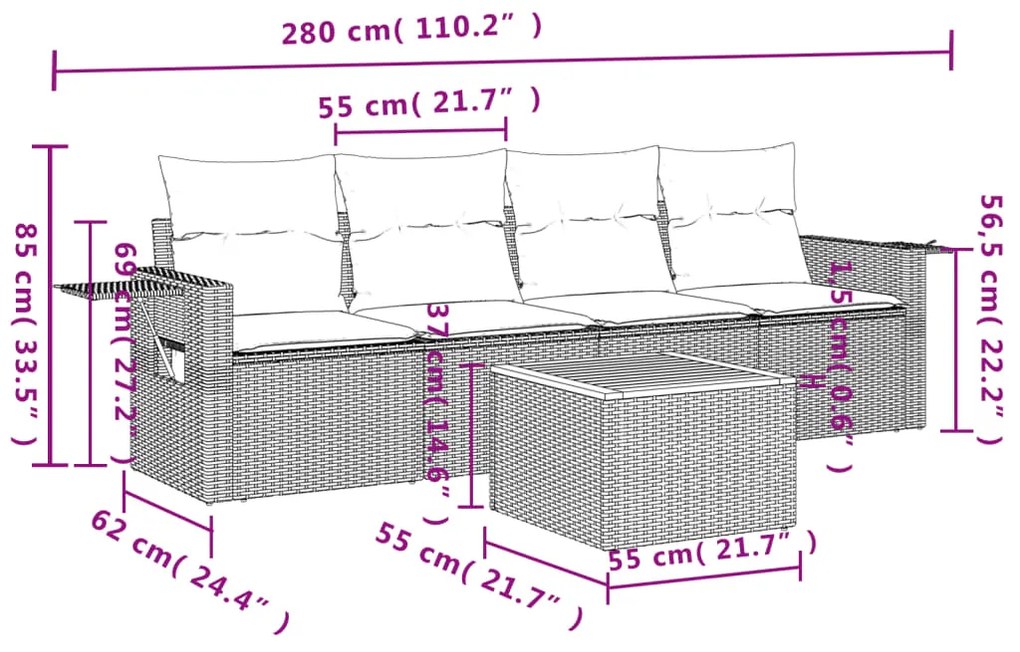 Set Divano da Giardino 5 pz con Cuscini Beige in Polyrattan