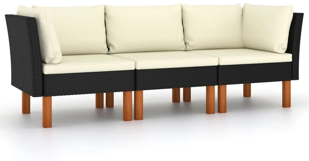Divano da giardino a 3 posti con cuscini nero in polyrattan