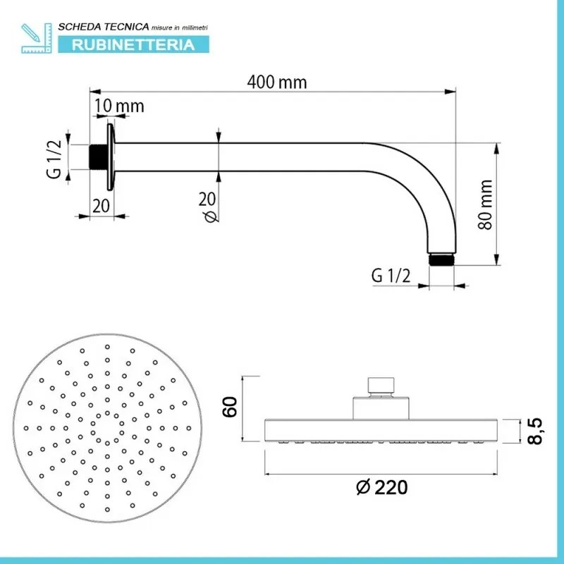 Set Doccia cromo con braccio tondo 40 cm + soffione tondo 22 cm ABS