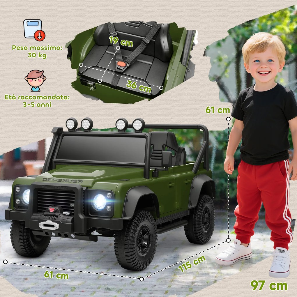 Macchina Elettrica per Bambini Licenza Ufficiale Land Rover Defender 12V con Telecomando Verde...