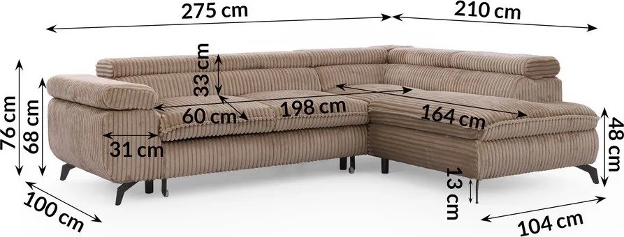 Divano angolare marrone (con penisola a destra/a L) con rivestimento in velluto a coste Marbeya – Ropez