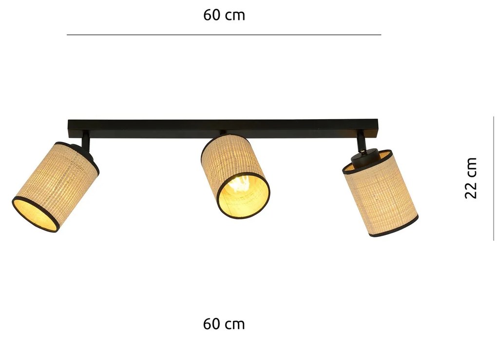 Plafoniera Spot 3 Luci Bronx In Acciaio Nero E Rattan Paralumi Regolabili