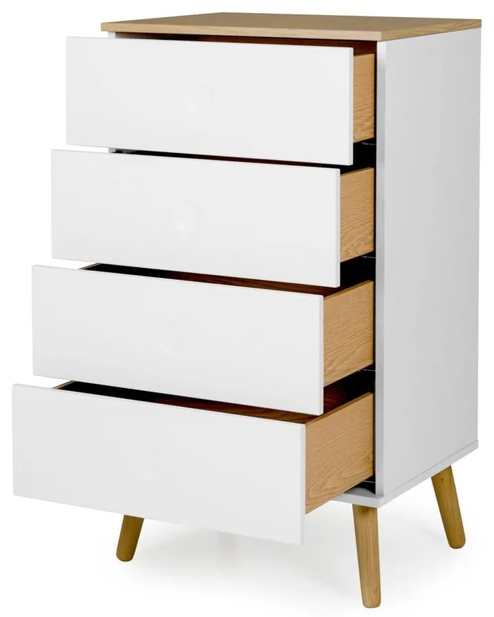 Cassettiera bianca con gambe in rovere e 4 cassetti , larghezza 55 cm Dot - Tenzo