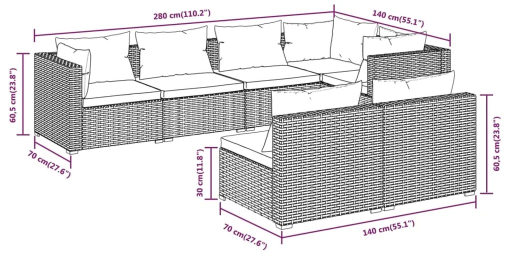 Set Divani da Giardino 7 pz con Cuscini in Polyrattan Grigio