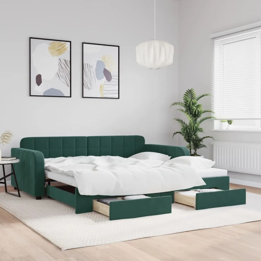 Divano Letto Estraibile Cassetti Verde Scuro 100x200cm Velluto /