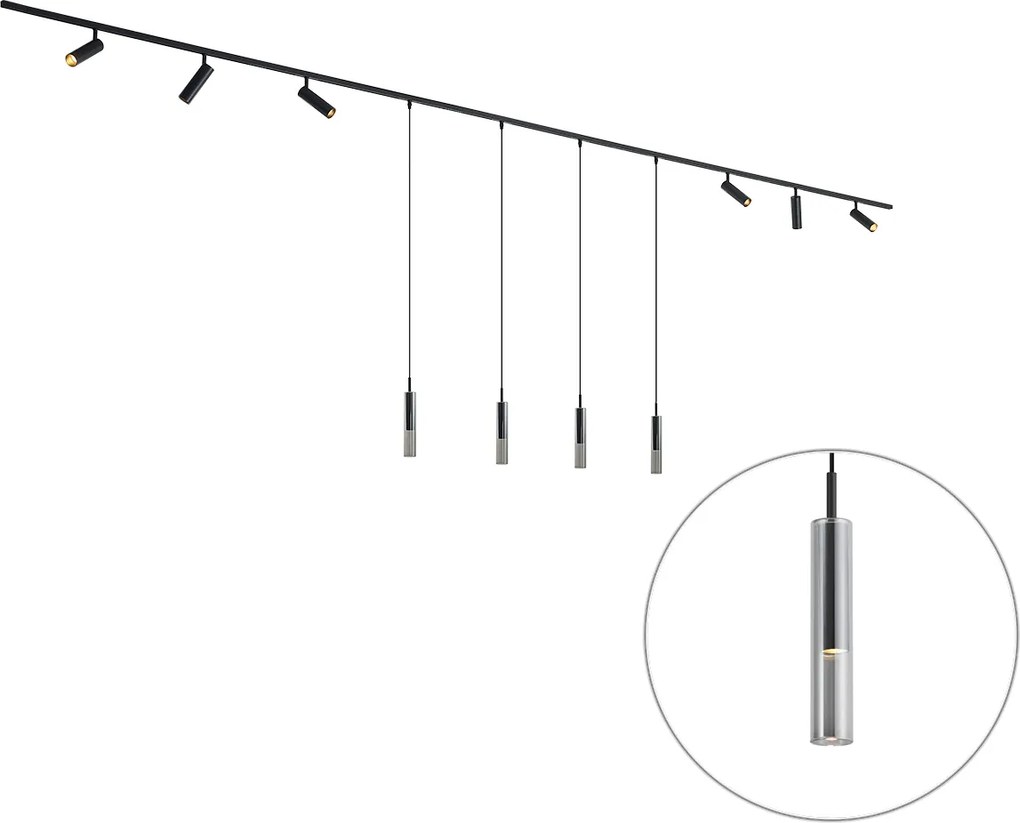 Sistema di illuminazione a binario moderno nero con 6 faretti e 4 luci a sospensione monofase - Slimline Uzzy Loyce