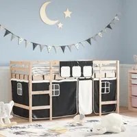 Letto a Soppalco con Tende Bambini Bianco e Nero 90x200 cm Pino 3206964