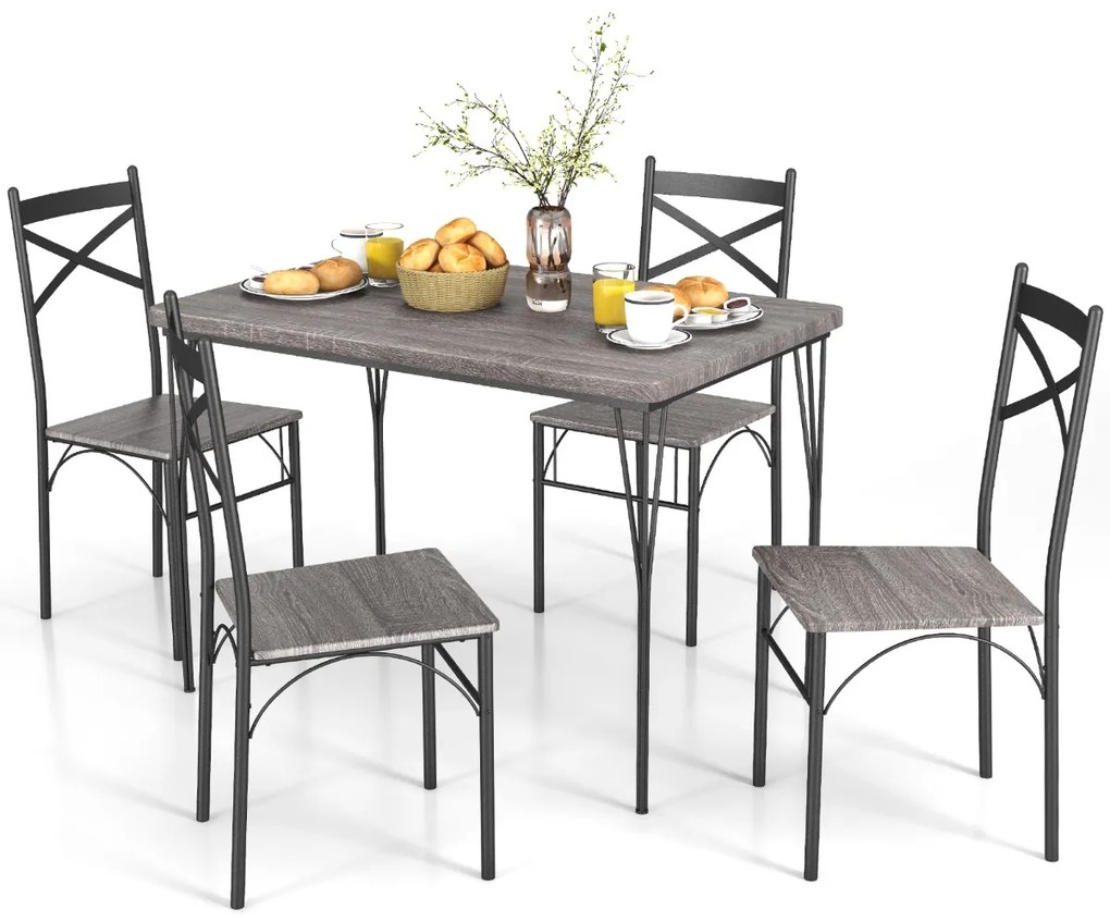 Costway Set da tavolo da pranzo 5 pezzi, Tavolo da pranzo rettangolare moderno con 4 sedie con telaio in metallo Grigio