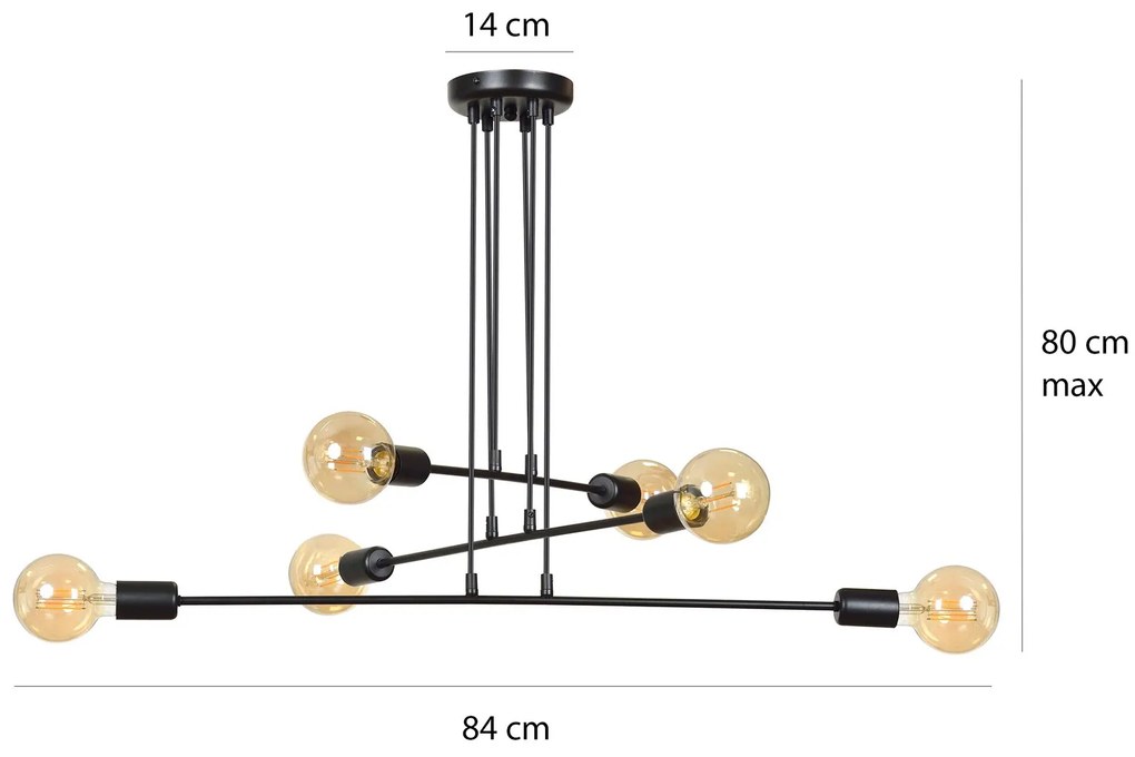 Lampadario Industrial 6 Luci Multiplo In Acciaio Nero A Bracci