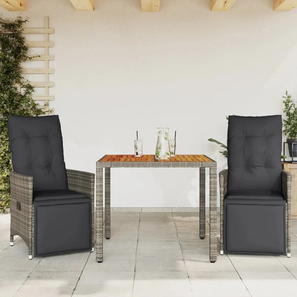 Set Bistrò Da Giardino 3 Pz Con Cuscini İn Polyrattan Grigio /