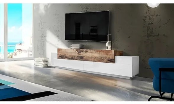 Mobile Porta TV 240 Cm Con 3 Ante A Ribalta Bianco Lucido E Legno Pero Corona