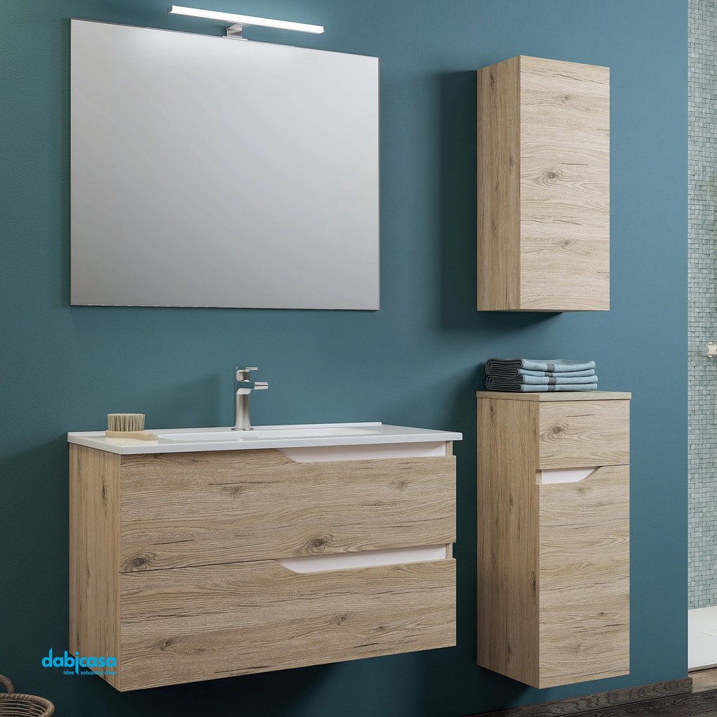 Mobile Bagno Sospeso "Grace 2" Da 60 Cm Composta Da Due Cassetti Lavabo E Specchio Con Lampada Led