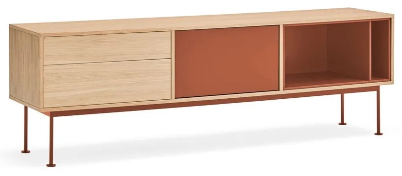 Cassettiera TV rosso mattone con impiallacciatura in rovere Yoko - Teulat