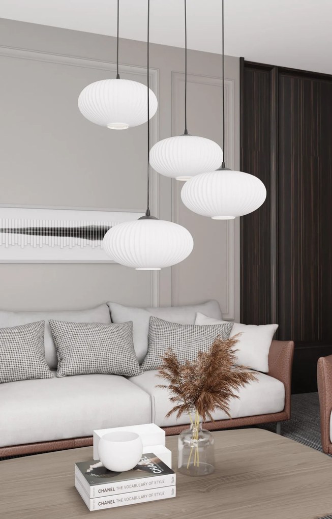 Lampadario 4 Luci Coco Base Tonda In Acciaio Nero Paralume Plissettato Bianco