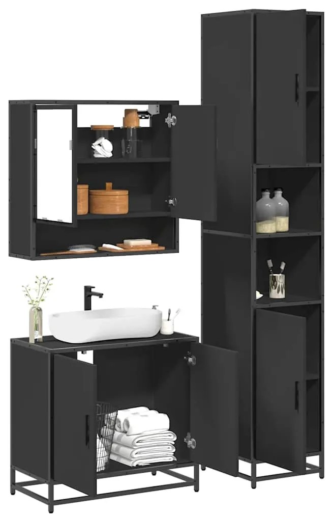 Set Mobili Da Bagno 3 Pz Nero İn Legno Multistrato /
