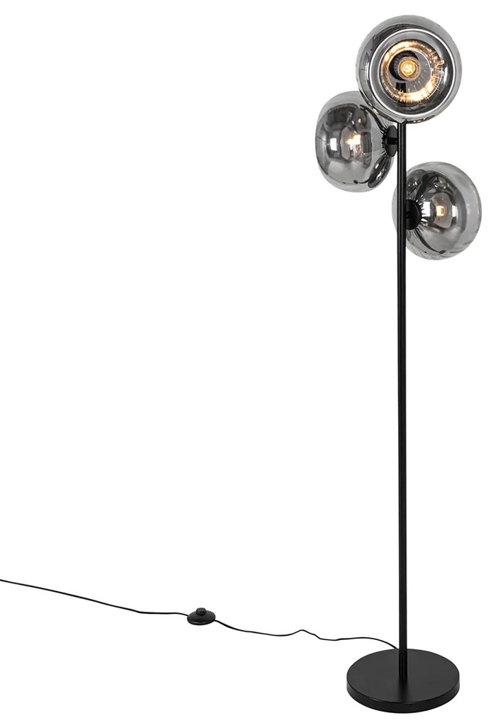 Lampada da terra Art Déco nera con vetro fumé 3 luci - Ayesha