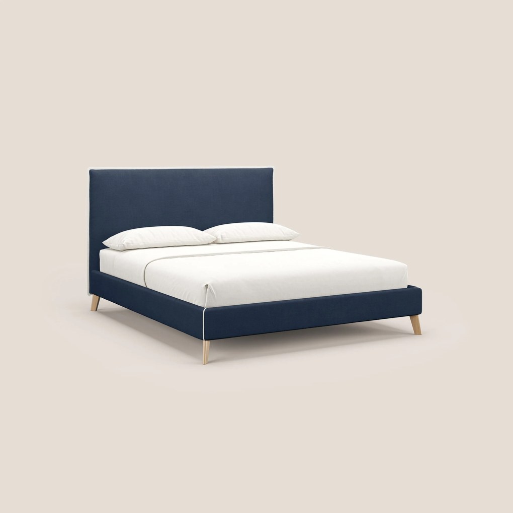 Leila letto imbottito con piedini legno in tessuto smacchiabile T17 blu - bianco