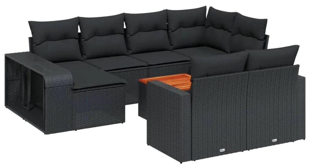 Set divani da giardino 11 pz con cuscini in polyrattan nero