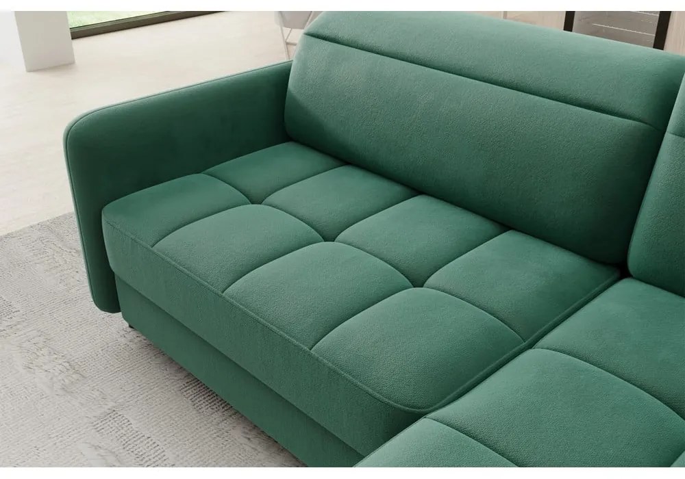Divano angolare verde allungabile/con contenitore (con penisola a destra/a L) e rivestimento in velluto Barea – ELTAP