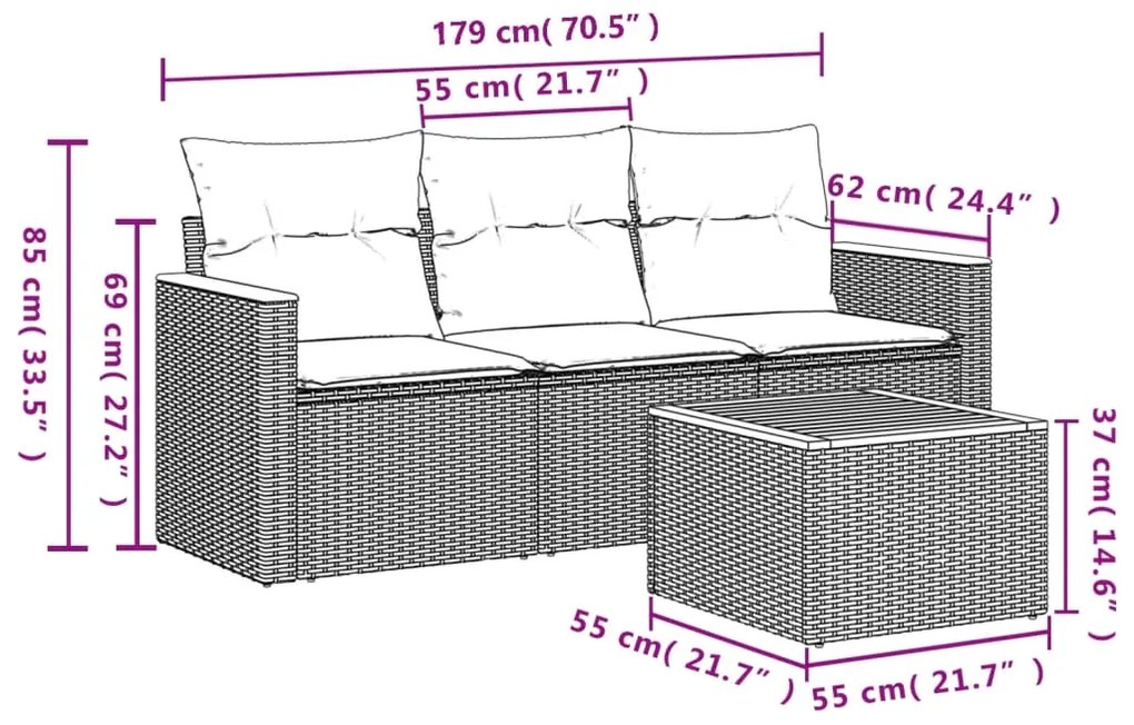 Set divani da giardino 4 pz con cuscini nero in polyrattan