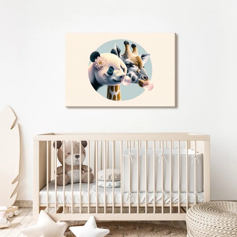 Quadro su tela – Panda e giraffa con bolla di gomma