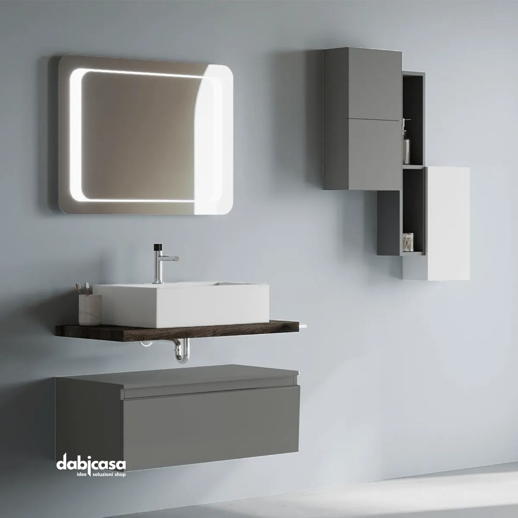 Mobile Bagno Sospeso "Linea" Da 80 Cm Composto Da Un Cassetto Ed Un Mensolone Top Lavabo E Specchio Finitura Lino