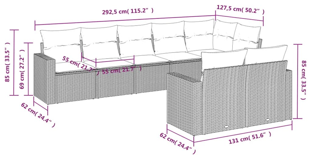 Set divani da giardino con cuscini 8 pz nero in polyrattan