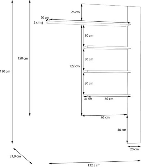 Mensola Verticale 4 Ripiani 132x22x190 Cm Lehman Rovere E Nero