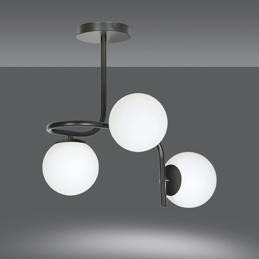 Lampadario 3 Luci Rama In Acciaio Nero A Bracci E Sfere In Vetro Opalino
