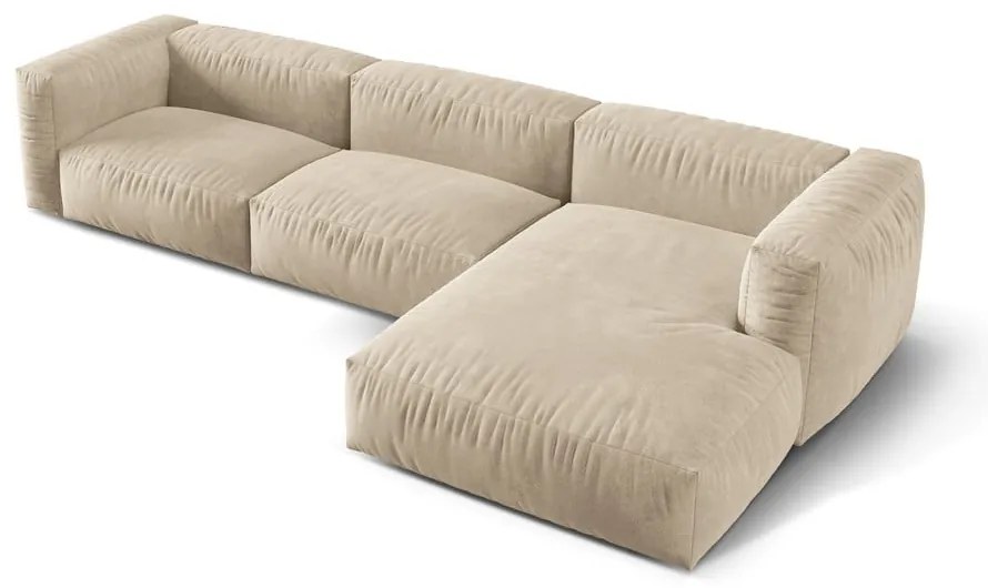 Divano angolare componibile beige (con penisola a destra/con chaise lounge) con rivestimento in velluto Martina – Micadoni