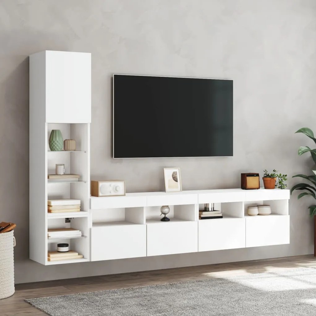 Mobili TV a Muro con LED 4pz Bianchi in Legno Multistrato