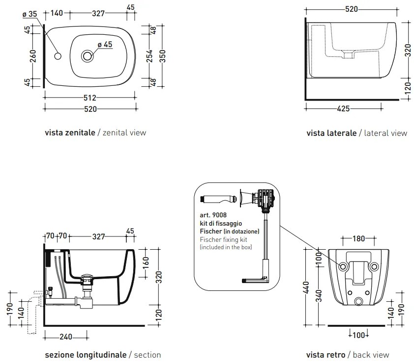 Ceramica Flaminia Monò MN218 bidet sospeso monoforo con troppopieno e kit fissaggio in ceramica bianco lucido