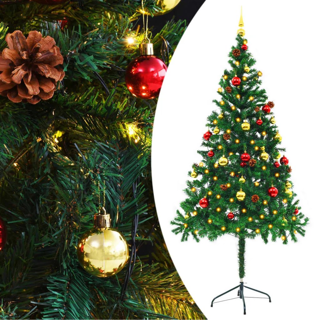 Albero di Natale Preilluminato con Palline Verde, Albero di Natale Preilluminato con Palline Verde 180 cm