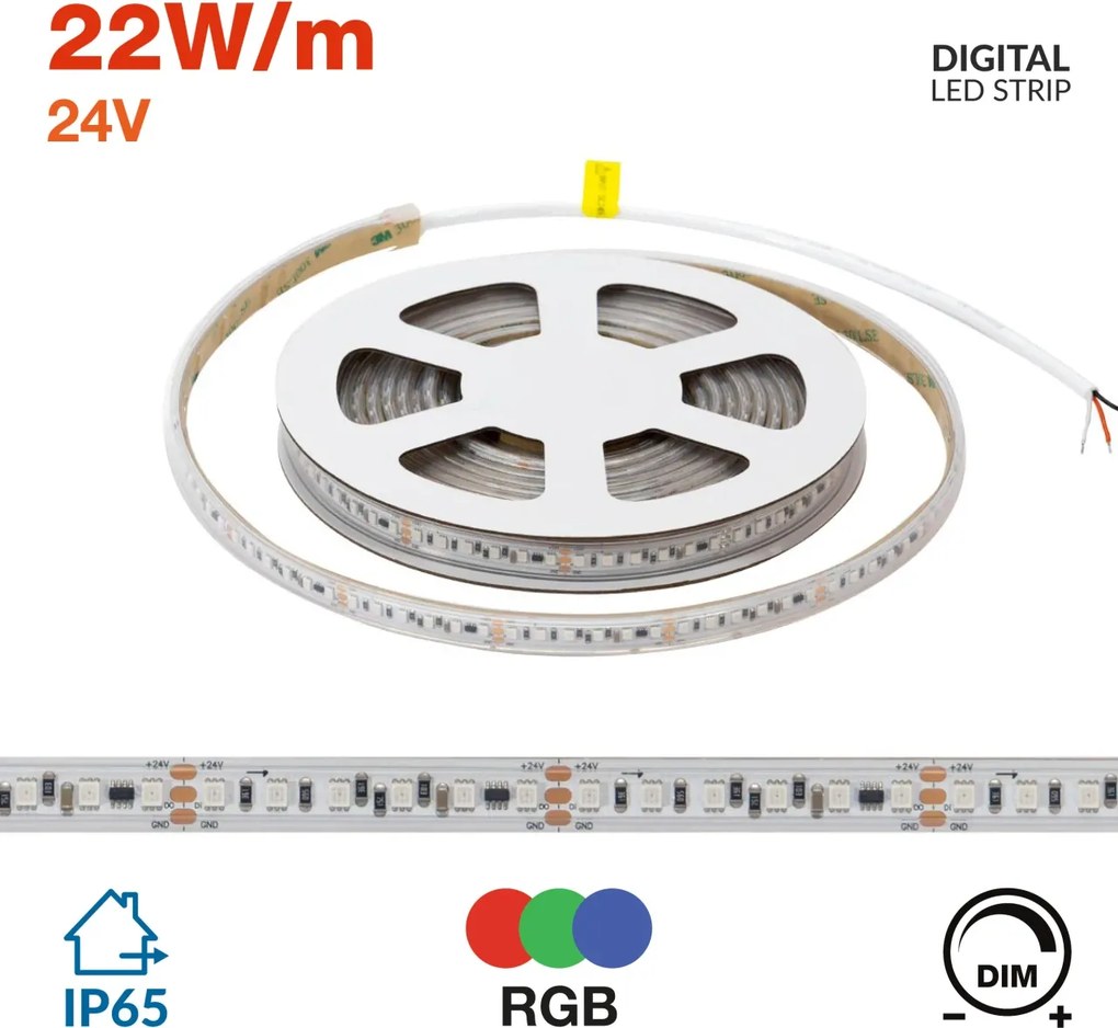 Striscia LED Digitale RGB 24V 22W/m RUNNING Professionale IP65 - 5 metri