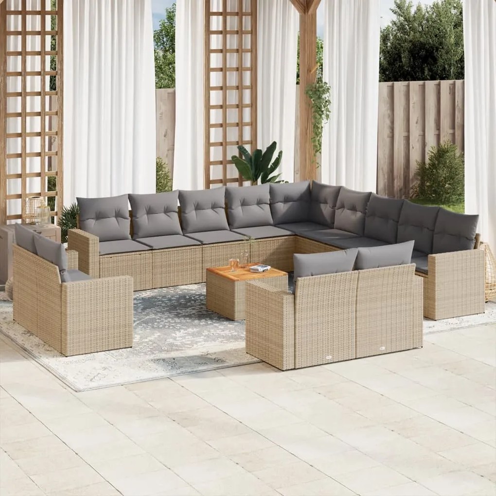 Set Divani da Giardino 14pz con Cuscini in Polyrattan Beige