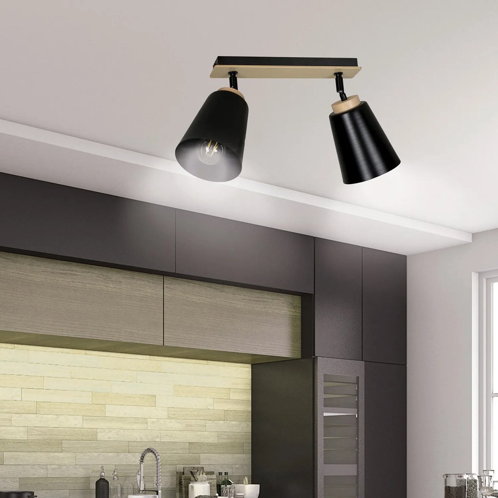 Plafoniera Faretti Spot Orientabili 2 Luci Xiwangmu Acciaio Nero E Legno Naturale