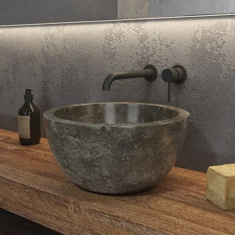 Kamalu - lavabo bagno da appoggio in marmo grigio 40cm | litos-lg40