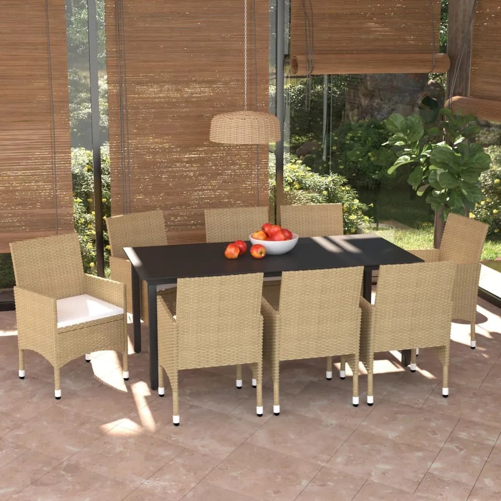 Set pranzo da giardino 9 pz con cuscini in polyrattan beige