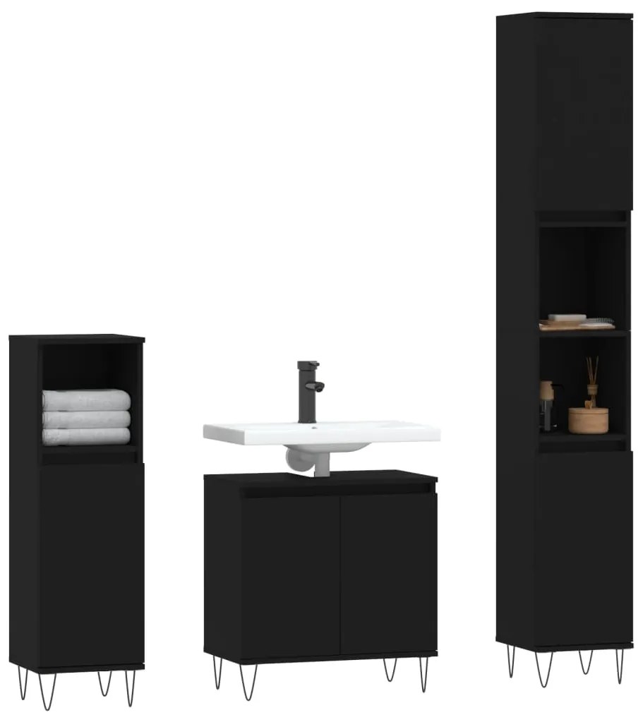 Set di mobili da bagno 3 pz nero in legno multistrato