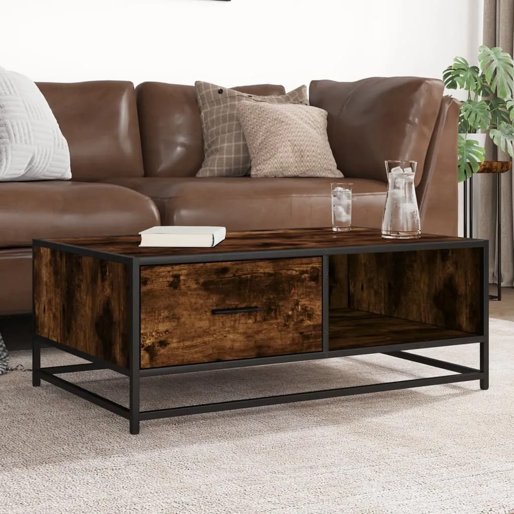 Tavolino Rovere Fumo 90x57x35 Cm İn Legno Multistrato E Metallo /
