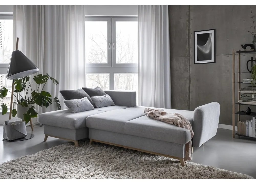 Divano angolare grigio chiaro allungabile/con contenitore (con penisola a sinistra/con chaise lounge) Scandic Lagom – Miuform